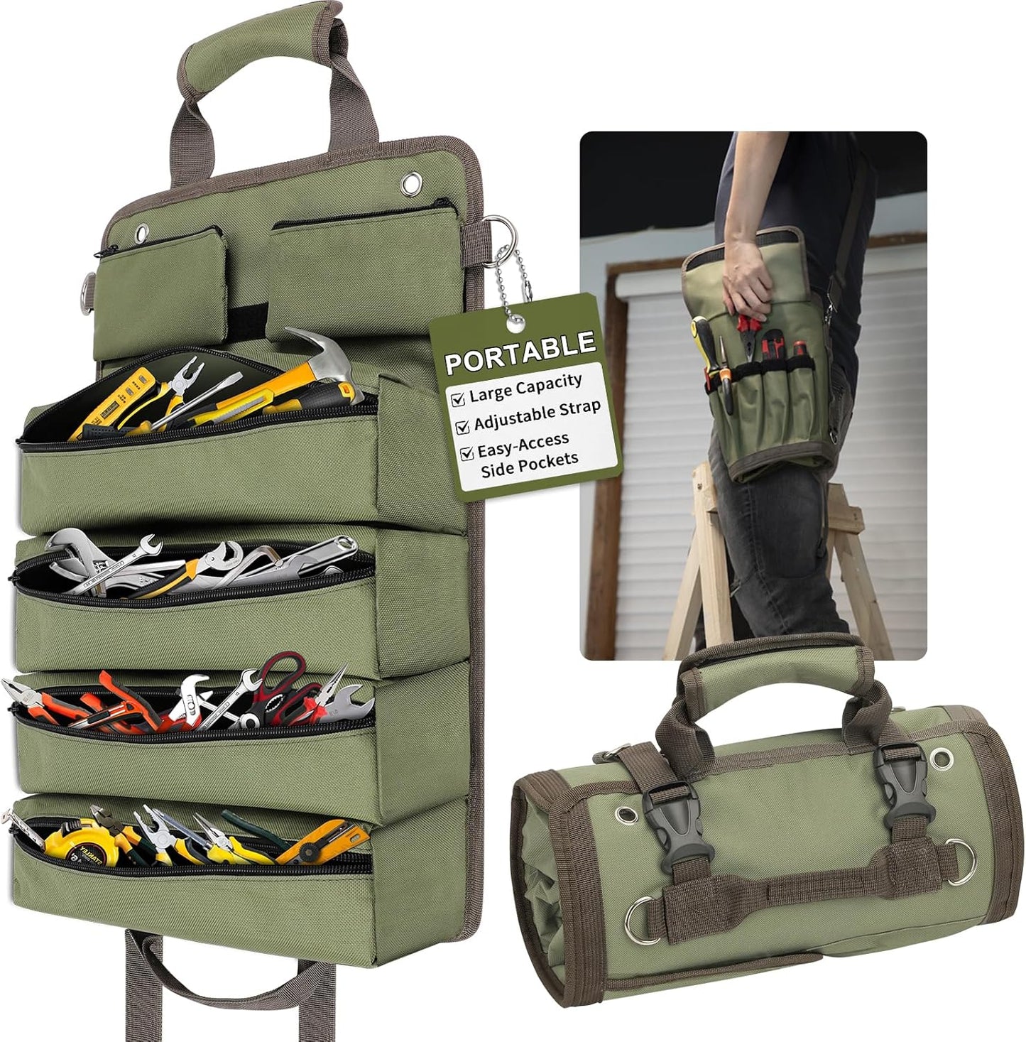 Roll up Tool Bag - Heavy Duty Green Motorcycle Tool Roll, Portable Tool Box Organizer Storage for Mechanics, Electricians, Diyers, Ideal Kit for Men, Father, Birthdays, Holidays