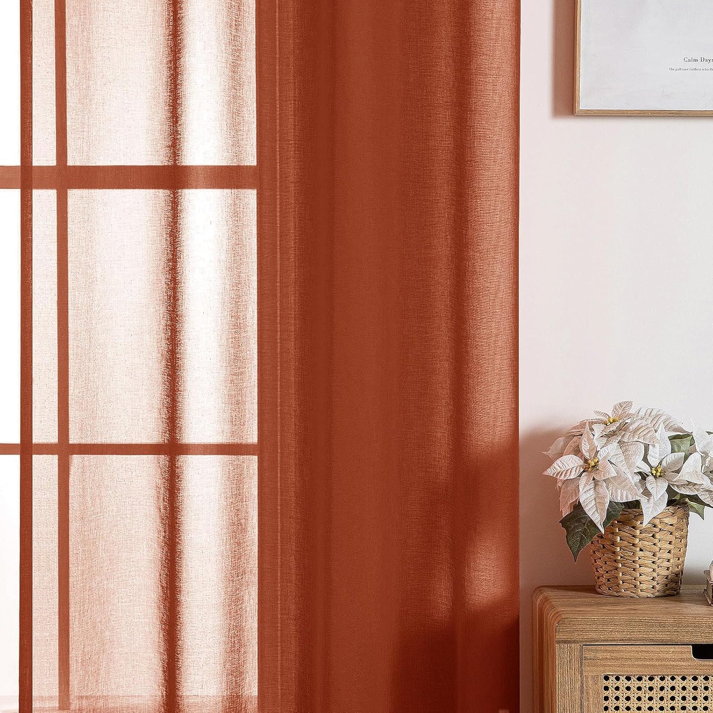 Terracotta Linen Textured Sheer Curtains 2 Panels for Kitchen/Bedroom/Living Room Semi Transparent Voile Drapes Rust Boho Farmhouse Fall Decor Window Panels Rod Pocket, W 54 X L 54 Inches Long