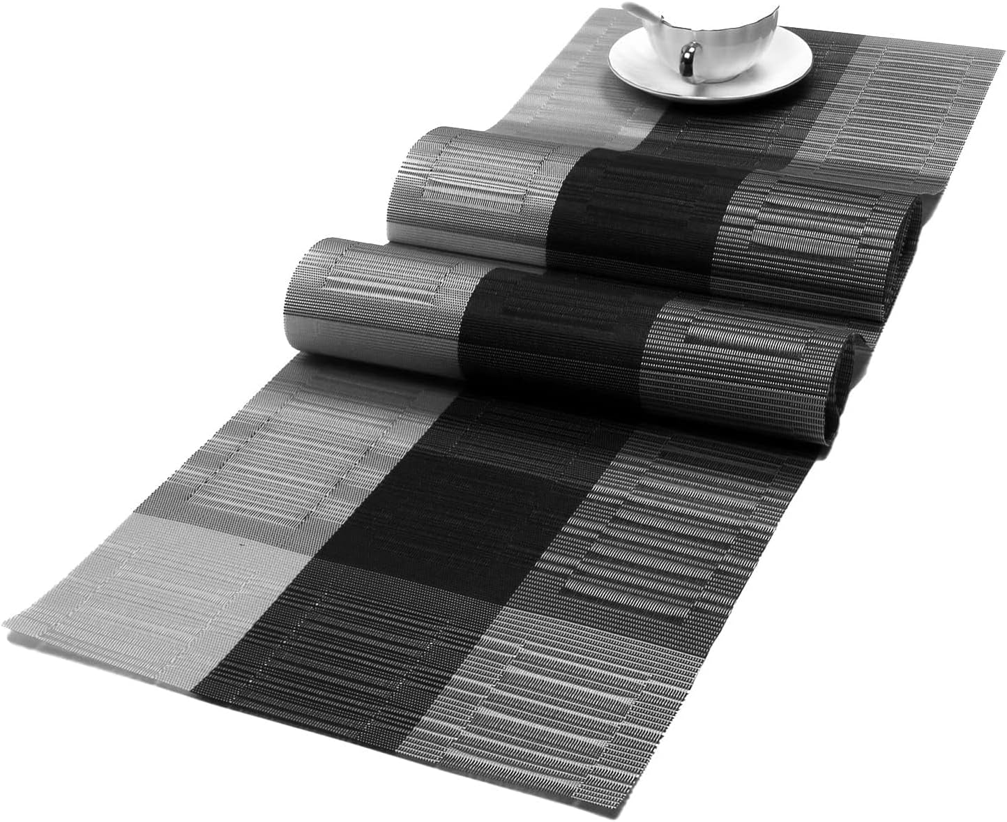 Woven Vinyl Table Runners PVC Table Runners 12 X 36 Inch Wipe Clean Reversible Plastic Weave Tabletop Counter Decor Mats Indoor Outdoor, Ombre Black and Gray