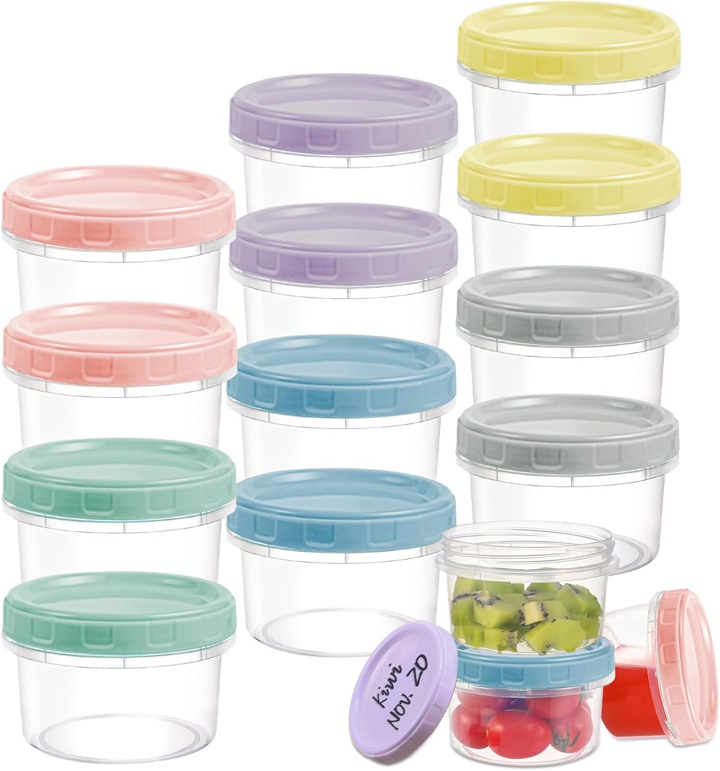 12Pcs 8 Oz Plastic Containers with Screw Lids, Reusable Clear Food Storage Containers with Pen and Brush for Snack Salad Fruit, Leakproof Small Freezer Containers, Microwave & Dishwasher Safe