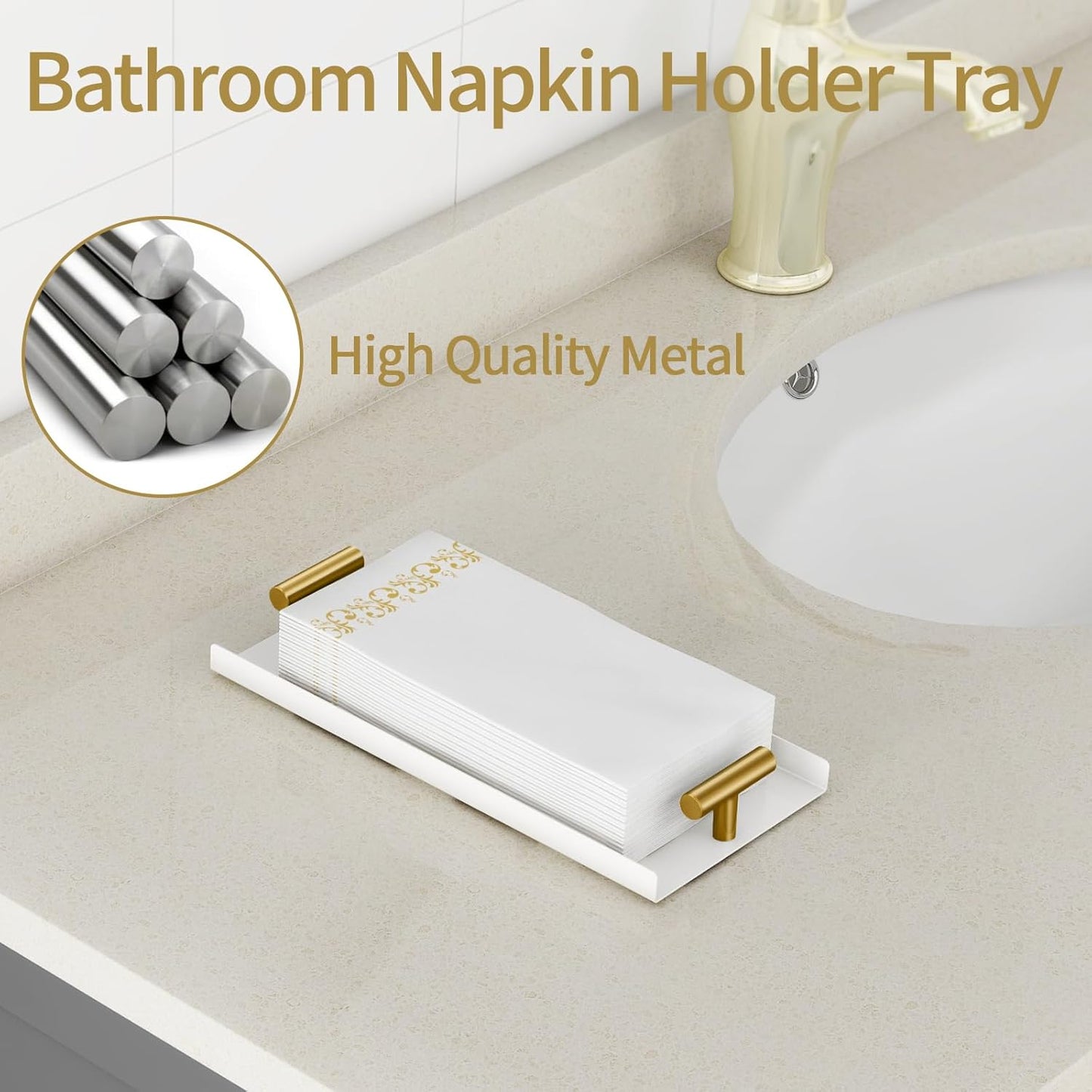 Napkin Holder for Bathroom, Guest Towel Holder Tray for Bathroom, White Guest Napkin Holders with Golden T-Handle, Disposable Hand Towel Tray for Guest Room, Table, Kitchen