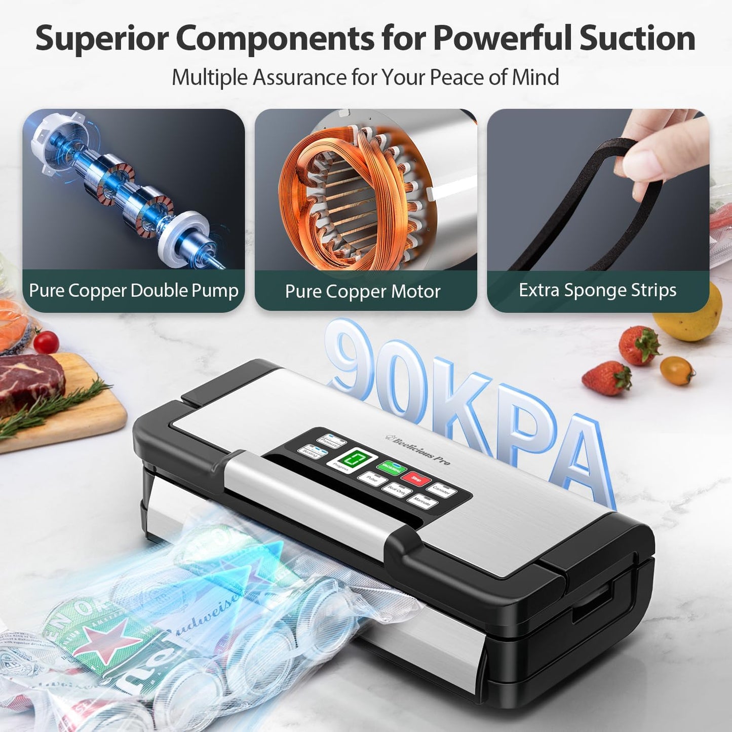 Vacuum Sealer Machine, Aqualock Series 2X Seal&130W Full Automatic Food Sealer, Powerful Food Preservation System with Handle, Built-In Cutter&Bags Storage&Hose, 2 Bags Rolls, Stainless Steel