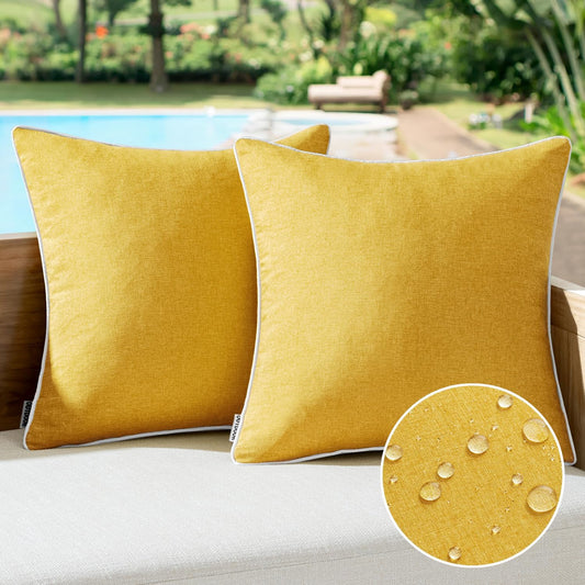Set of 2 Outdoor Waterproof Decorative Throw Pillow Covers - Solid Color Farmhouse Linen for Patio, Tent, Bed, Balcony, Couch, and Living Room - 18x18 Inch Yellow
