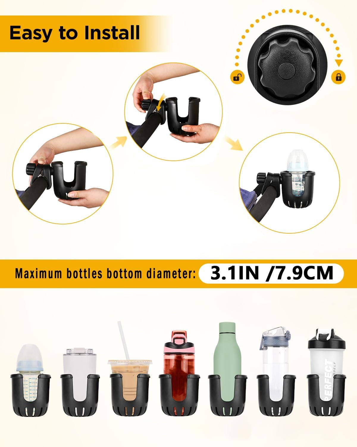 Universal Cup Holder Stroller Drink Holder for Bikes, Trolleys or Walkers, Fits Most Cups