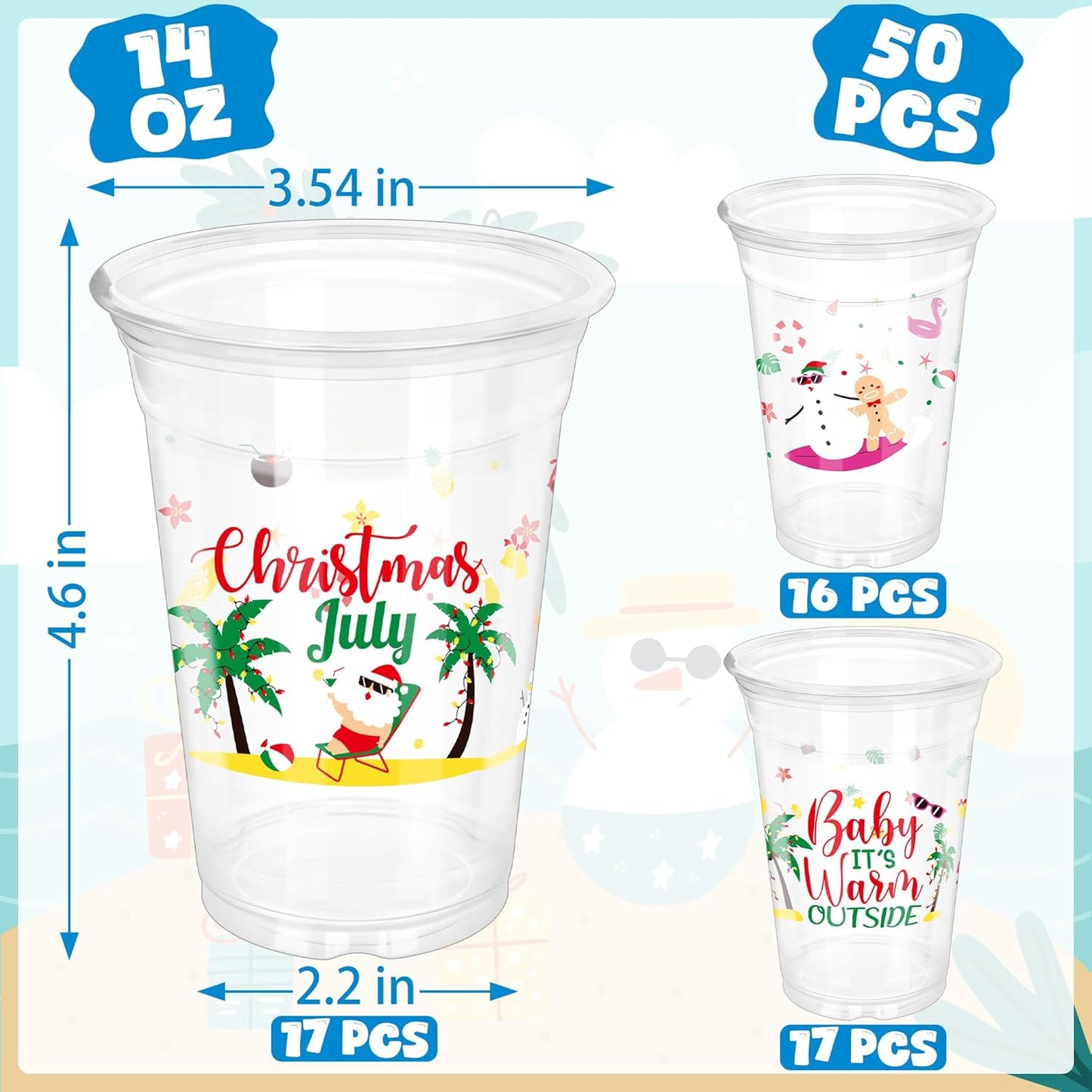 50 Pcs July Christmas Plastic Cups, 14 Oz Xmas in July Party Decorations, Santa Summer Christmas Disposable Plastic Cups, Clear Cup for Tropical Beach Bbqs Summer Hawaiian Party Supplies