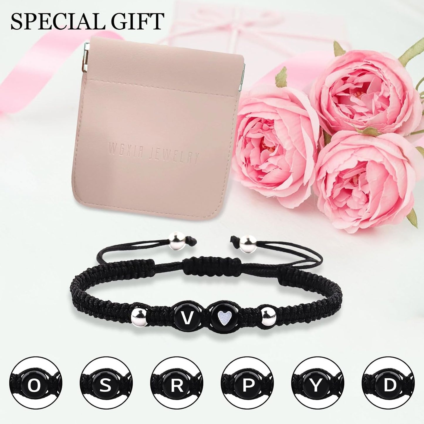 Black Rope Initial Bracelet for Men Women, 6Mm Beads 26 Letters A-Z Alphabet Handmade Adjustable Weaving Beadsbracelet for Couples Friends Mom Dad, Christmas Birthday Jewelry Gifts