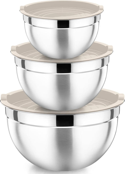 Khaki Mixing Bowls with Lids, Set of 3, Stainless Steel Salad Nesting Bowl for Mixing, Storing, Prepping, Airtight & Stackable, Size 4.6/3 /1.5 QT