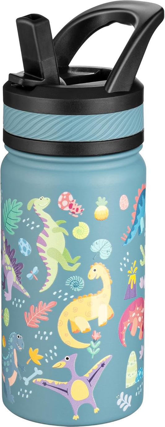 14 Oz Kids Insulated Water Bottle with Straw - Stainless Steel Double Wall Vacuum Cup, Leakproof, BPA Free, Suitable for Boys and Girls(Cyan - Dinasours World)
