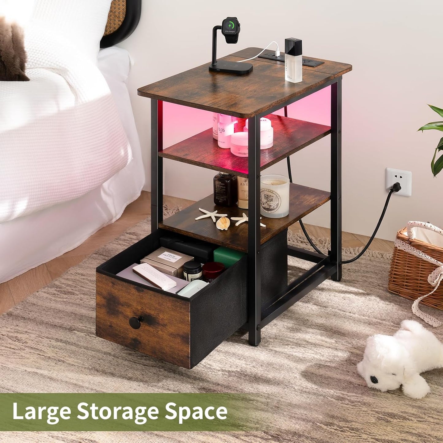End Table with Charging Station, Narrow Side Table with Adjustable Fabric Drawer, 3-Tier End Tables Living Room, Small Nightstand with Outlets, LED Skinny Night Stand for Bedroom Small Spaces