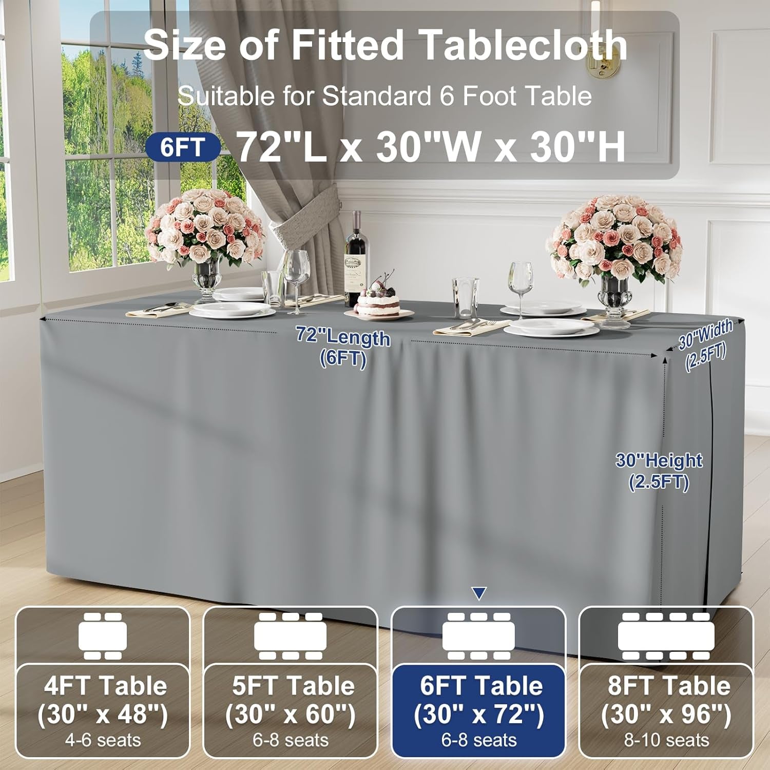 2 Packs Rectangle Fitted Tablecloth, 6 Foot Washable Fabric Table Cloth, Waterproof Polyester Table Cover for Party, Trade Show, Outdoor and Indoor (Grey, 30" X 72")