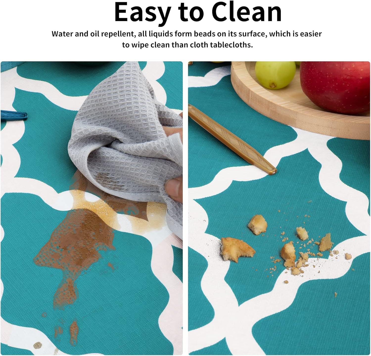 100% Waterproof Picnic Outdoor Tablecloth with Bench Covers Fit 6 Foot Rectangle Table, 3-Piece Set Camping Table Cover with Seat Covers (30X72 In, Moroccan/Teal & White)