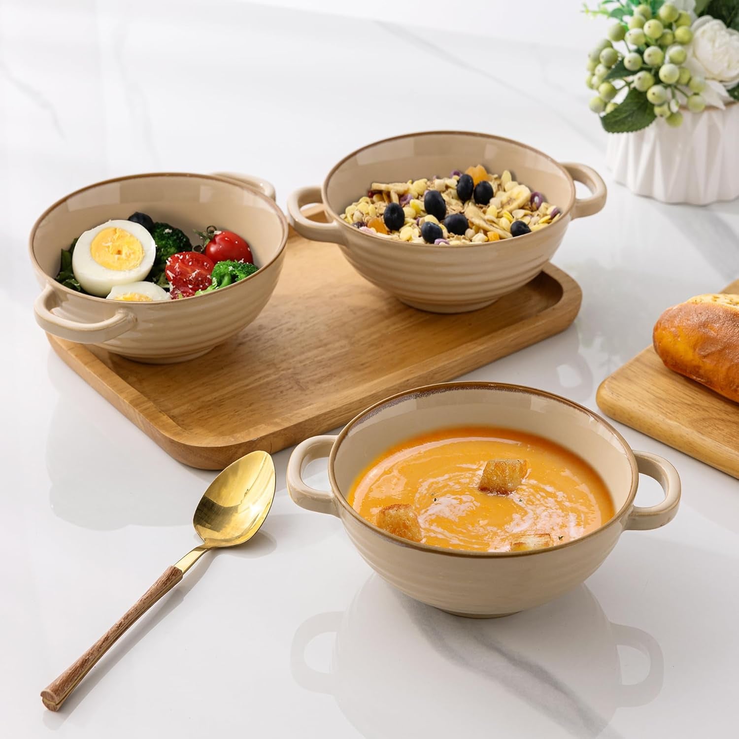 Ceramic Soup Bowls with Double Handles, 24 oz Set of 4 - Ideal for Soup, Cereal, Stew, Salad, Noodles, Ramen - Microwave and Dishwasher Safe