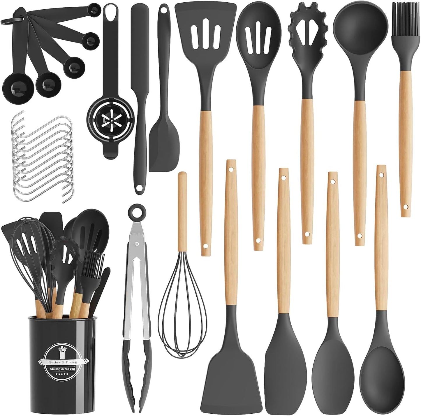 Kitchen Utensils Set - 30 PCS, Silicone Cooking Utensils Set with Holder, 446℉ Heat-Resistant Silicone Kitchen Utensils Set with Wooden Handle for Non-Stick Cookware, Black