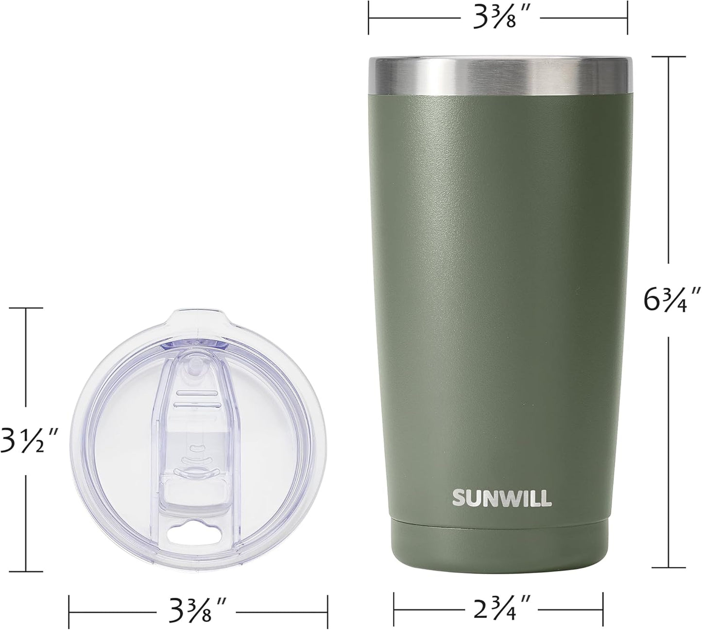 Travel Coffee Tumbler 20 Oz, Insulated Mug with Lid, Stainless Steel Iced Cup for Outdoor, Powder Coated Camp Green