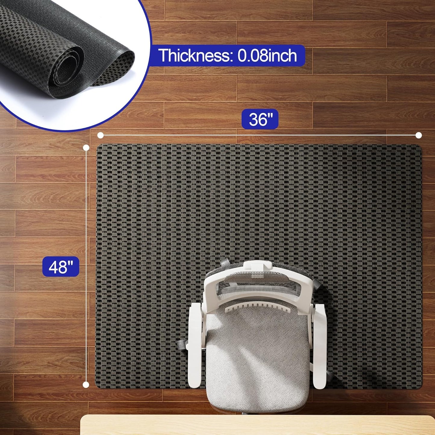 Office Chair Mat for Hardwood Floor, 48"×36" Heavy Duty Hard Floor Protector for Chairs, Anti-Slip PVC Woven Computer Desk Chair Mat for Home Office, Black Brown