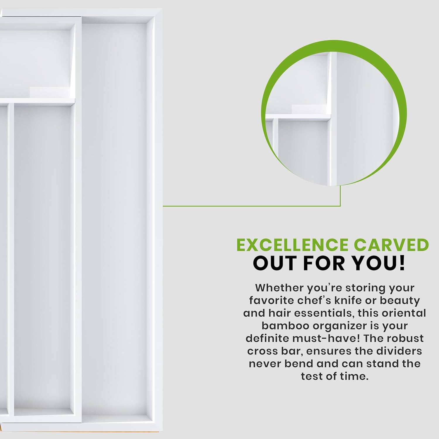 Expandable Bamboo Utensil Drawer Organizer, Silverware Organizer for Cutlery, Flatware Holder (5-7 Slots, White) - Pack of 1