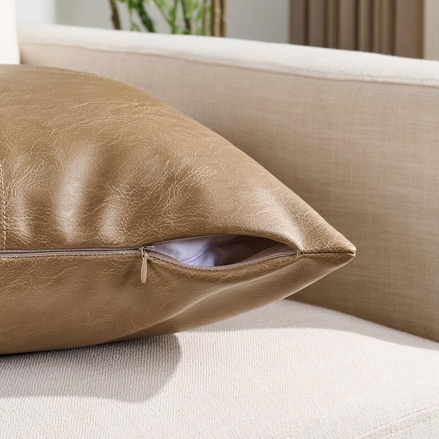 2 Packs Tan Boho Lumbar Faux Leather Decorative Throw Pillow Covers 12X20 Inch for Couch Bed Sofa, Cross Patchwork Textured Rectangle Beige Cushion Case, Western Modern Farmhouse Home Decor