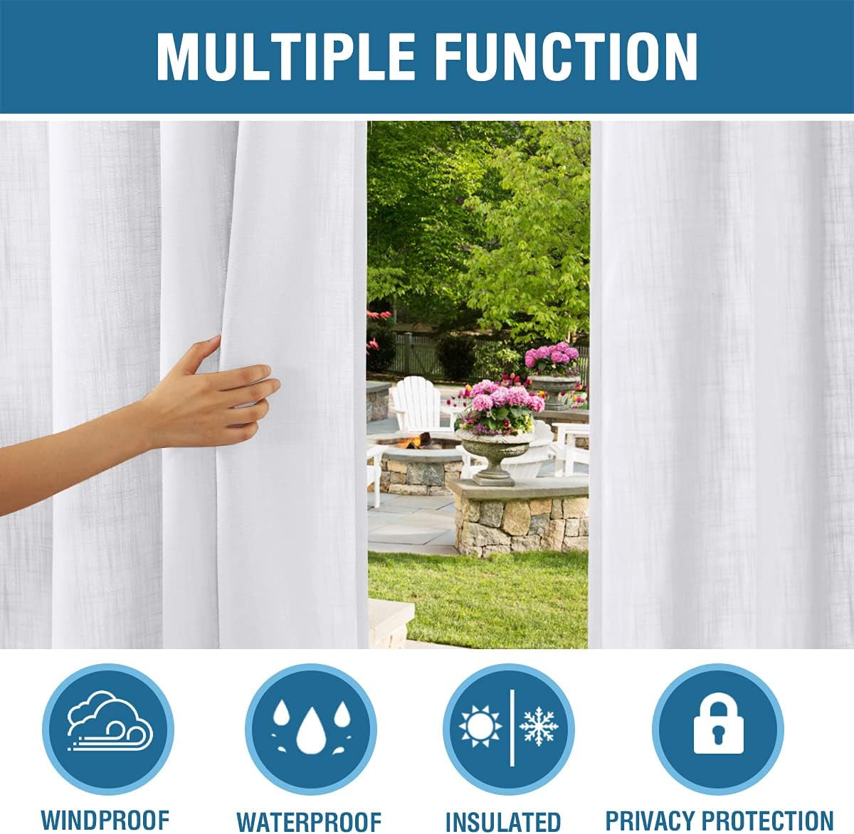 Linen Look Outdoor Waterproof Curtains for Patio Privacy Grommet Sunlight Blocking outside Curtains for Gazebo, Porch, Pergola, Pavilion, 1 Panel, 95L X 52W Inch, White