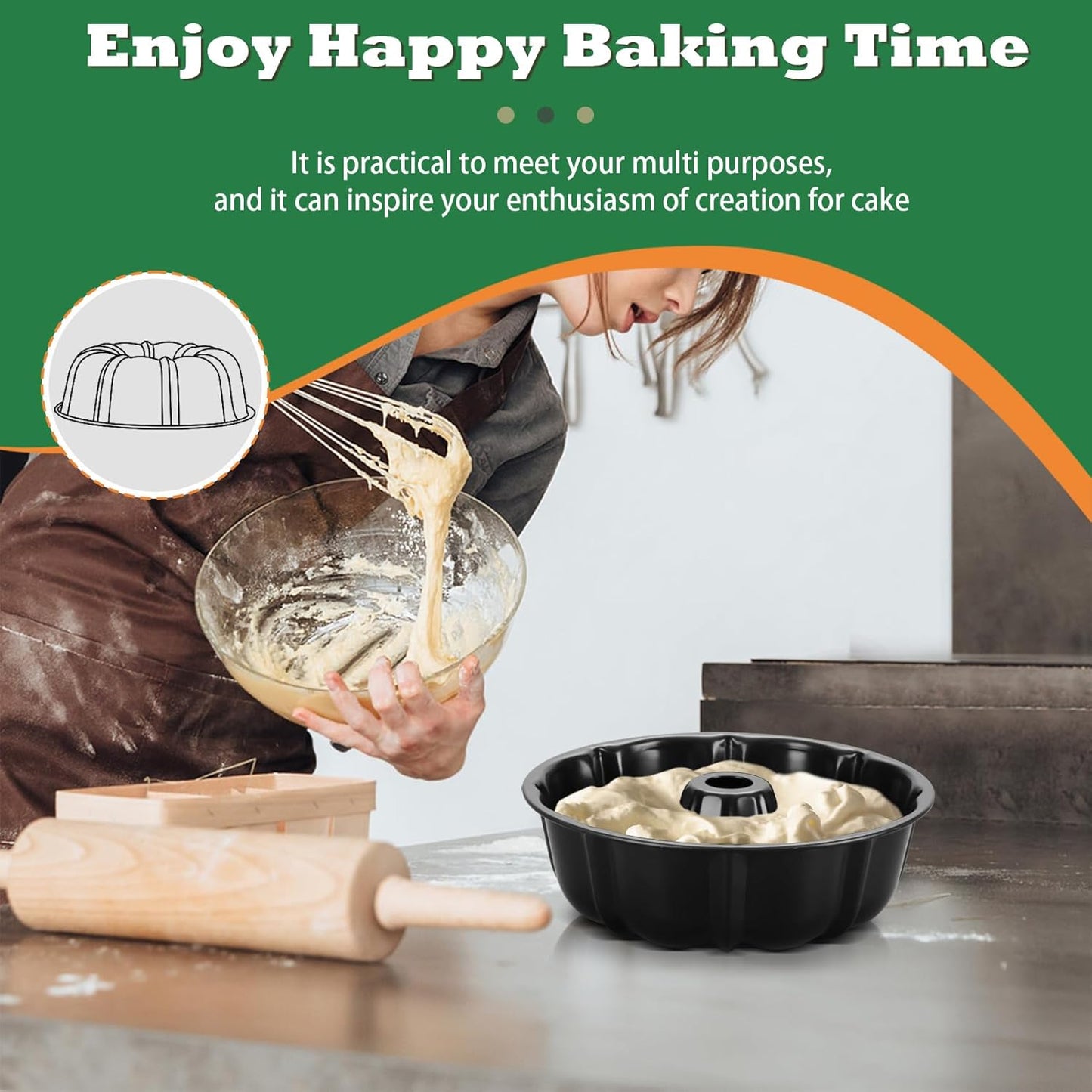 10 Inch Black Non-Stick Cake Pan, Carbon Steel Fluted Tube round Baking Pan for Pound Cake, 10-Cup Large Capacity Bakeware, Healthy & Heavy Duty, 1 Piece