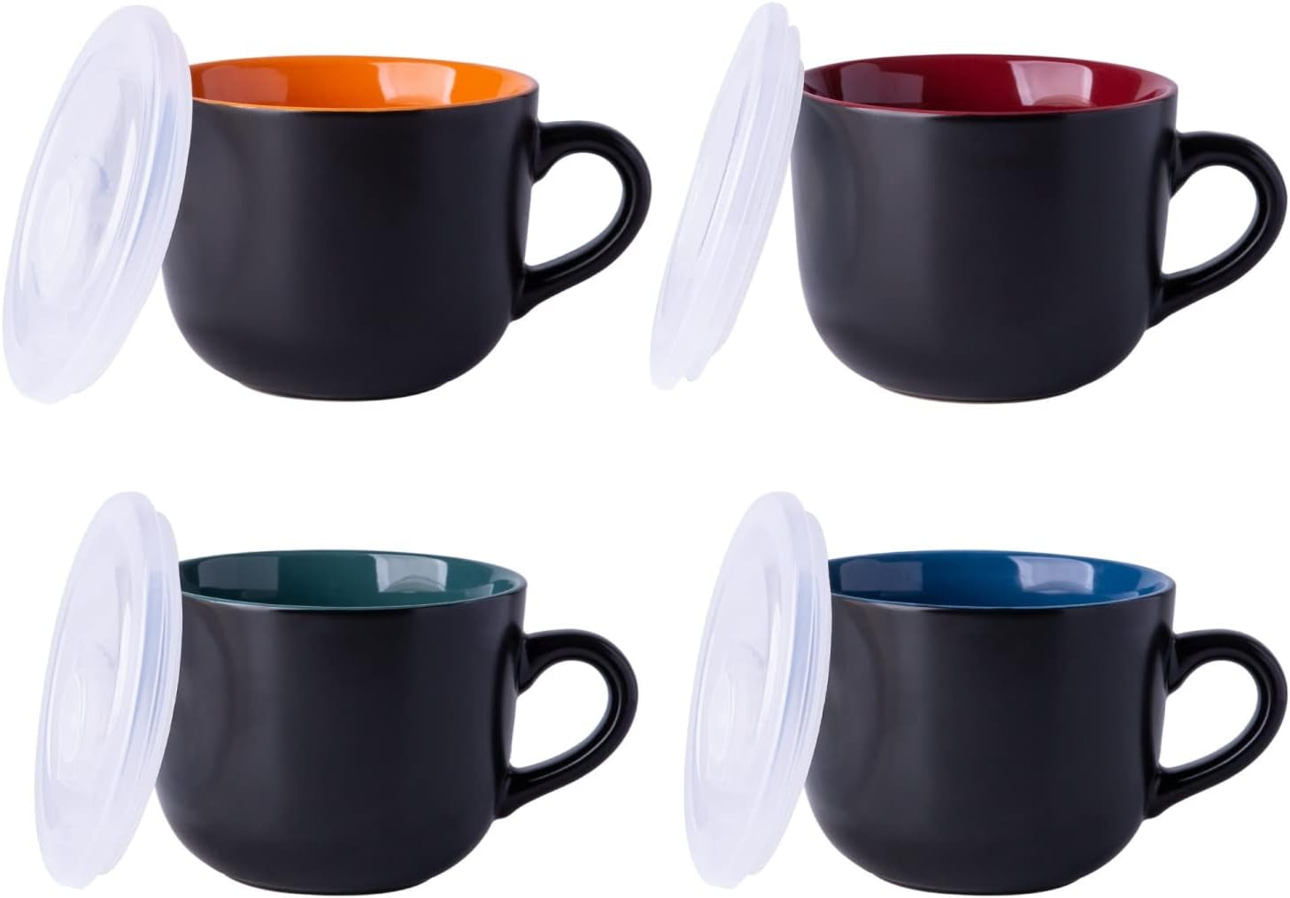 Ceramic Soup Mugs with Vented Lids, 24 Oz Multi-Color Set of 4, Ideal for Soup, Coffee, Cereal, Salad, and Noodles, Microwave and Dishwasher Safe
