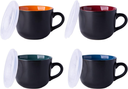 Ceramic Soup Mugs with Vented Lids, 24 Oz Multi-Color Set of 4, Ideal for Soup, Coffee, Cereal, Salad, and Noodles, Microwave and Dishwasher Safe