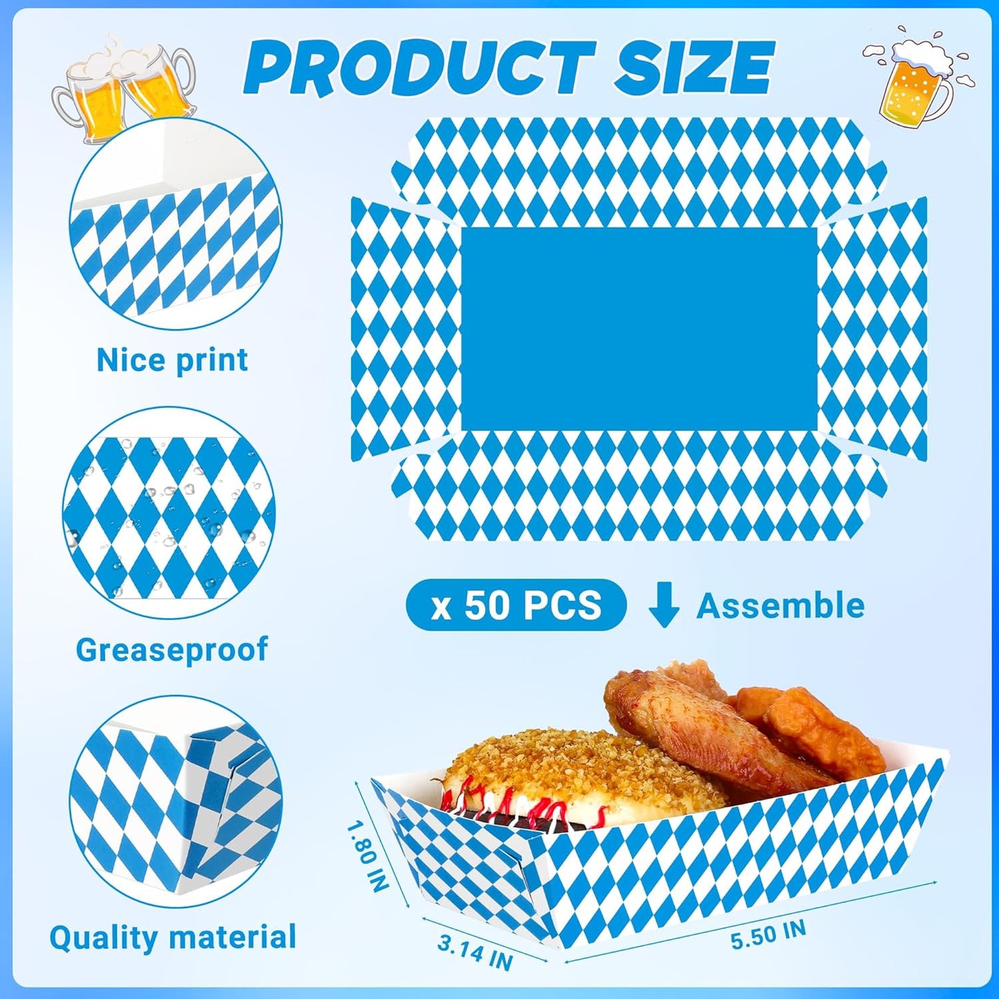 50 PCS Oktoberfest Decorations, Disposable Oktoberfest Paper Food Trays, Fold-To-Assemble Beer Festival Blue White Decoration, Oktoberfest Snacks Take Out Food Serving Trays for German Party Supplies