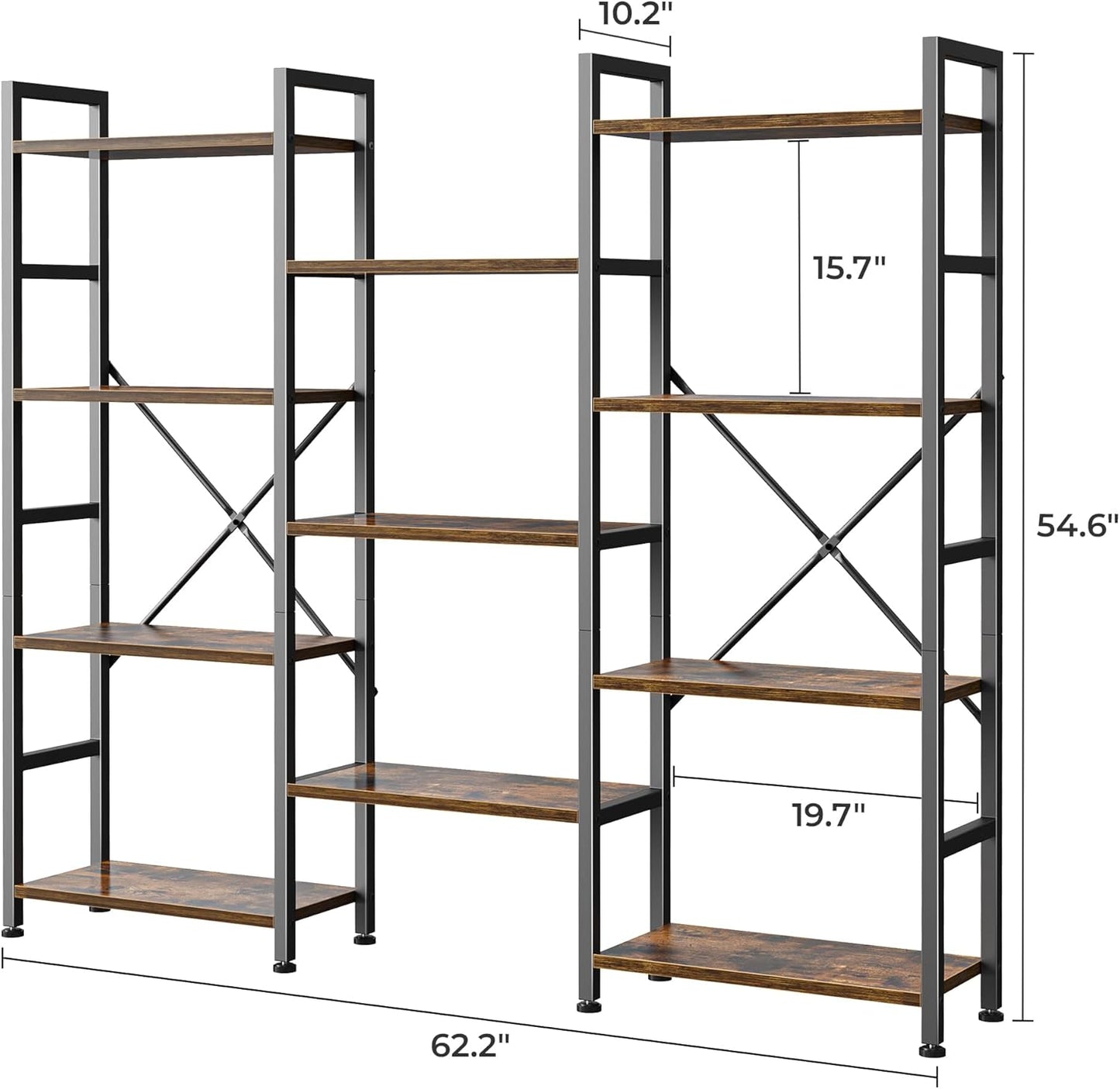 Triple 4-Tier Bookshelf with 11 Open Display Shelves - Wide Bookcase for Home and Office in Rustic Brown Finish