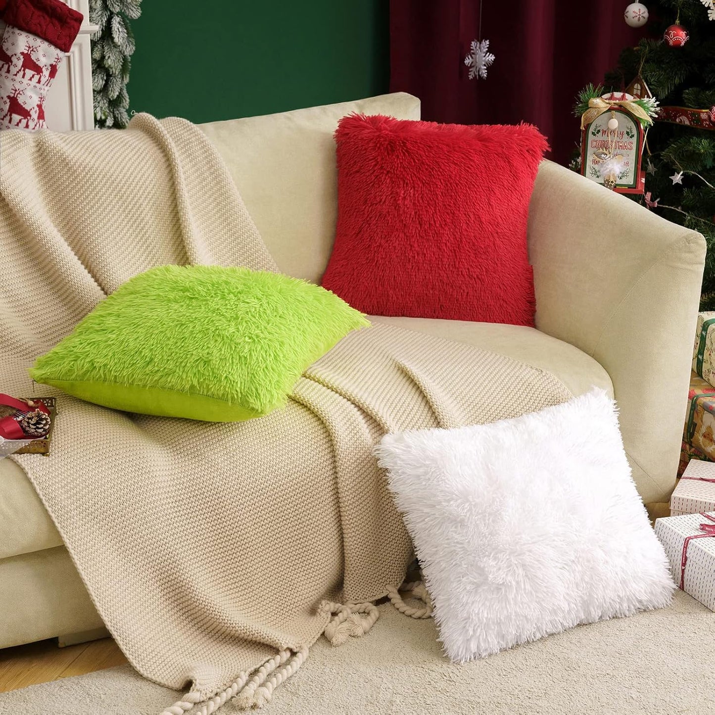 Pack of 2 Luxury Faux Fur Throw Pillow Cover Deluxe Winter Christmas Decorative Plush Pillow Case Cushion Cover Shell for Sofa Bedroom Car Spring 18X18 Inch Green