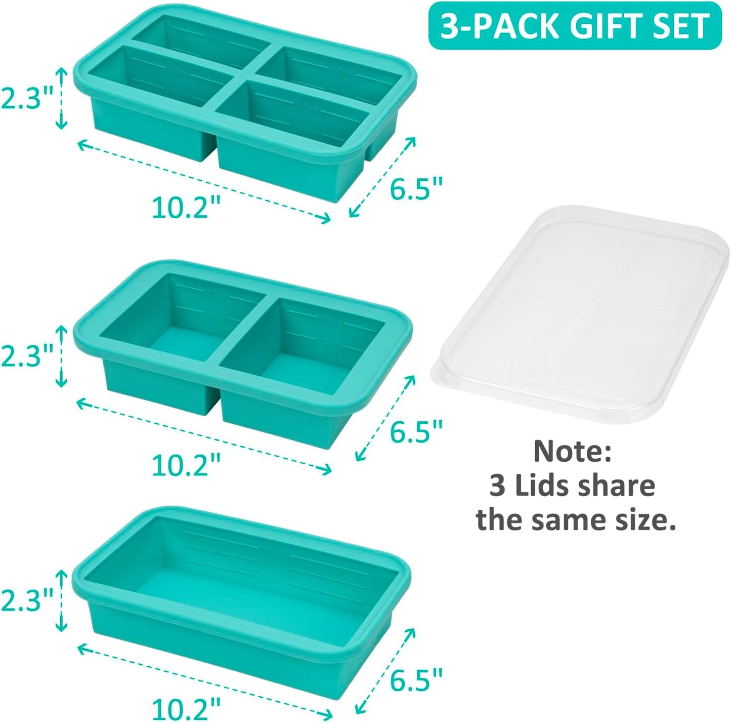 Silicone Freezer Trays with Lid, 3 Pack of 1 Cup 2 Cup 6 Cup, Airtight Large Silicone Ice Cube Tray Mold for Soup Cube Food Storage Meal Prep, Steel Reinforced Rim, Oven Dishwasher Safe, Aqua