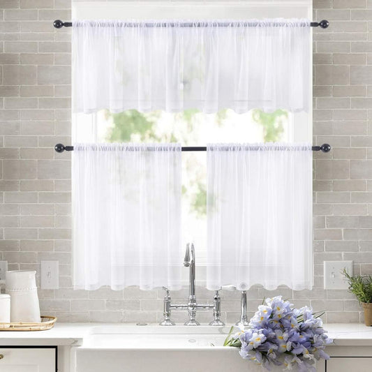 White Kitchen Curtains 24 Inch Length Set with Tiers and Valance Half Window Sheer Curtains Small Window Cafe Drapes 3Pcs