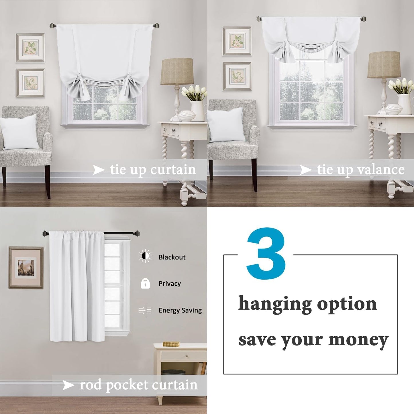 White Blackout Tie up Curtains Thermal Insulated Balloon Roman Shade Bathroom Window Adjustable Rod Pocket for Small Window 42 Inch by 45 Inch,Pure White