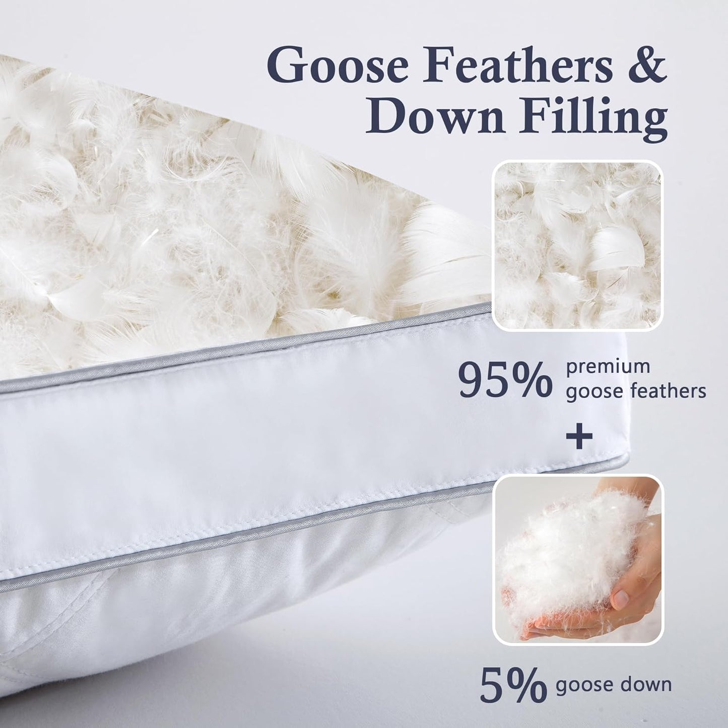 ® Goose Feathers and down Pillows - Made in USA, Pillows Queen Size Set of 2, Hotel Pillow with 100% Cotton Cover, Luxury Gusseted Bed Pillows for Sleeping