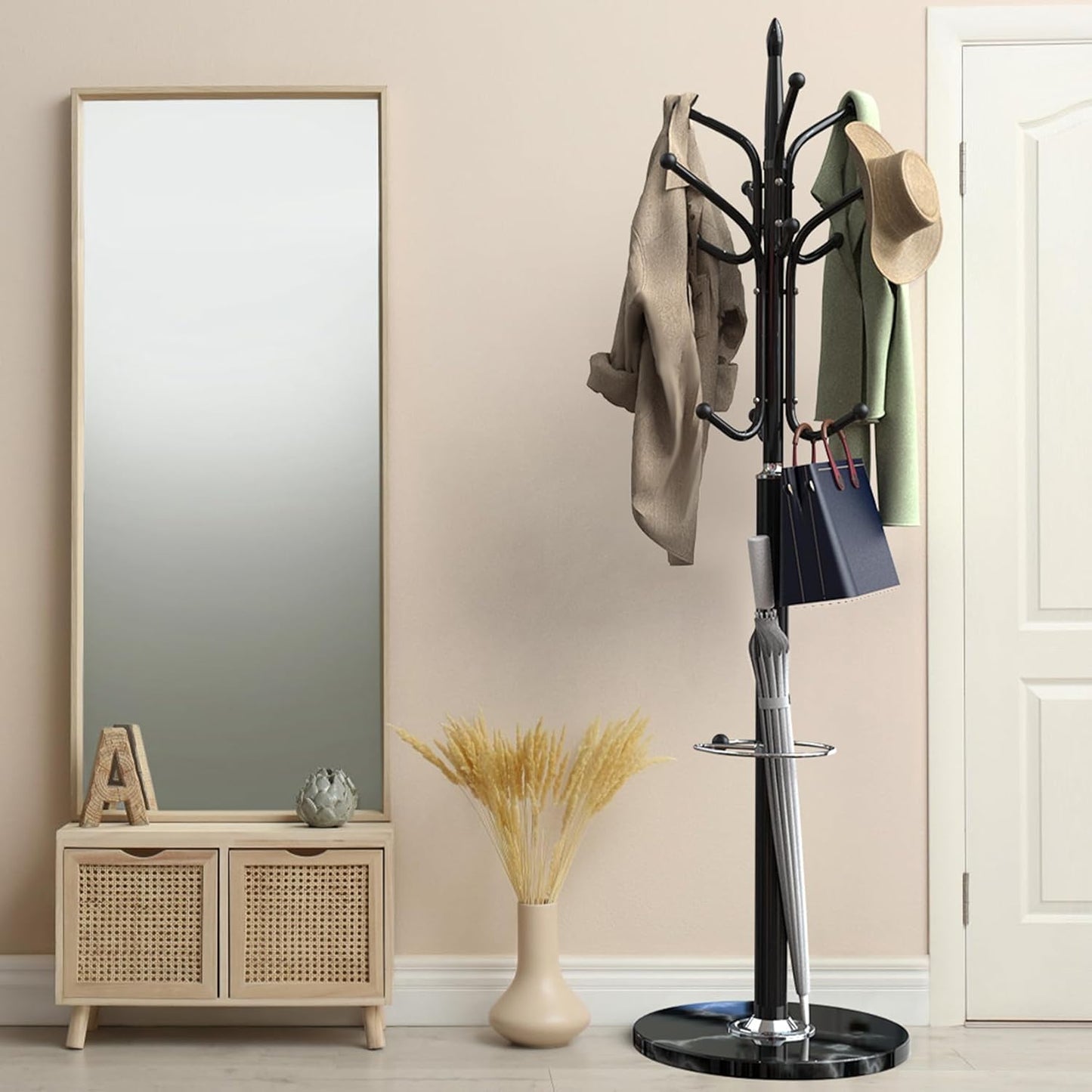 Metal Coat Rack Freestanding, Coat Hanger Stand with Natural Marble Base, Standing Coat Rack with Umbrella Holder, Hall Tree with 12 Hooks for Clothes, Hats, Scarves, Entryway(Black)