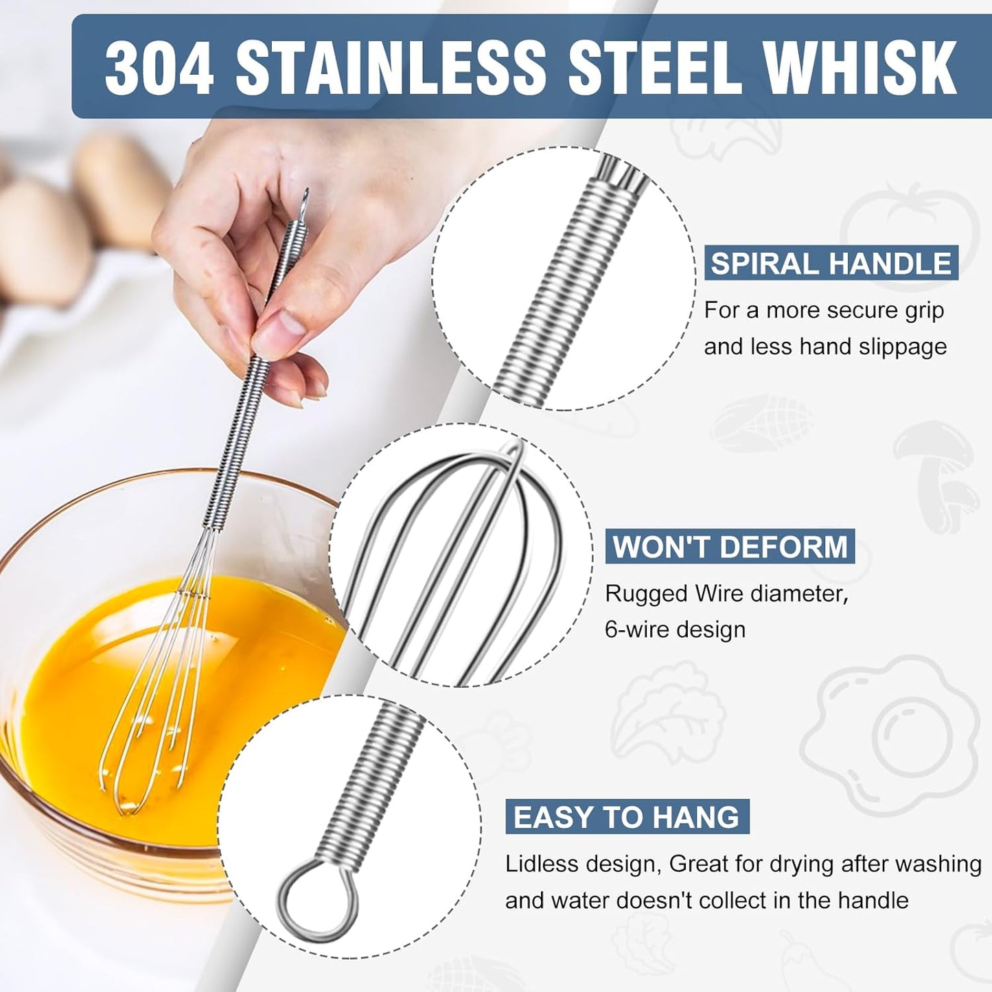 Mini Whisk,304 Anti-Rust Small Whisk,Sturdy Stainless Steel Wire Tiny Whisks 6+7+8In,Ideal for Mixing Individual Eggs, Jams, Spices and Other Small Portion Ingredients.(3Pcs)
