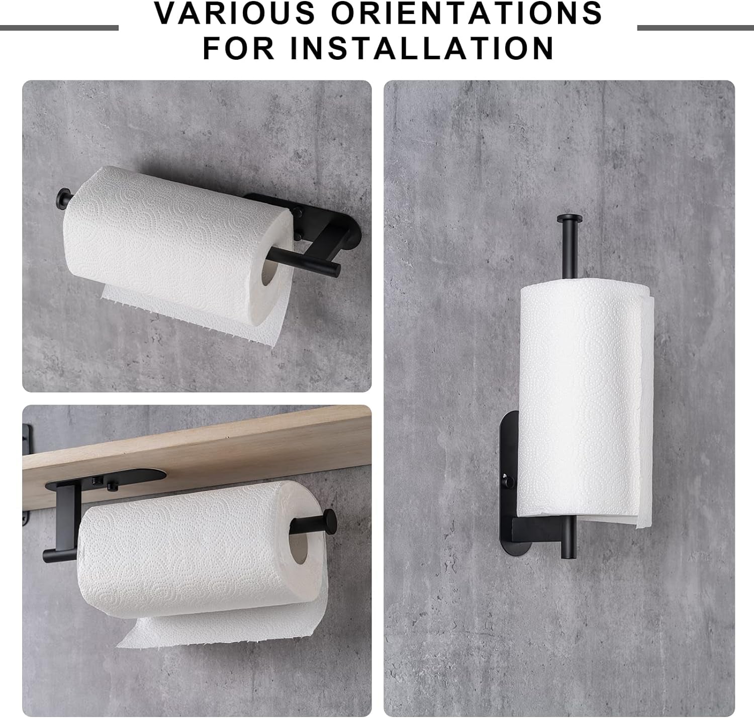 SUS304 Stainless Steel Under-Cabinet Paper Towel Holder - Durable, Bend-Resistant Design with Self-Adhesive and Drill Mounting Options (Black)