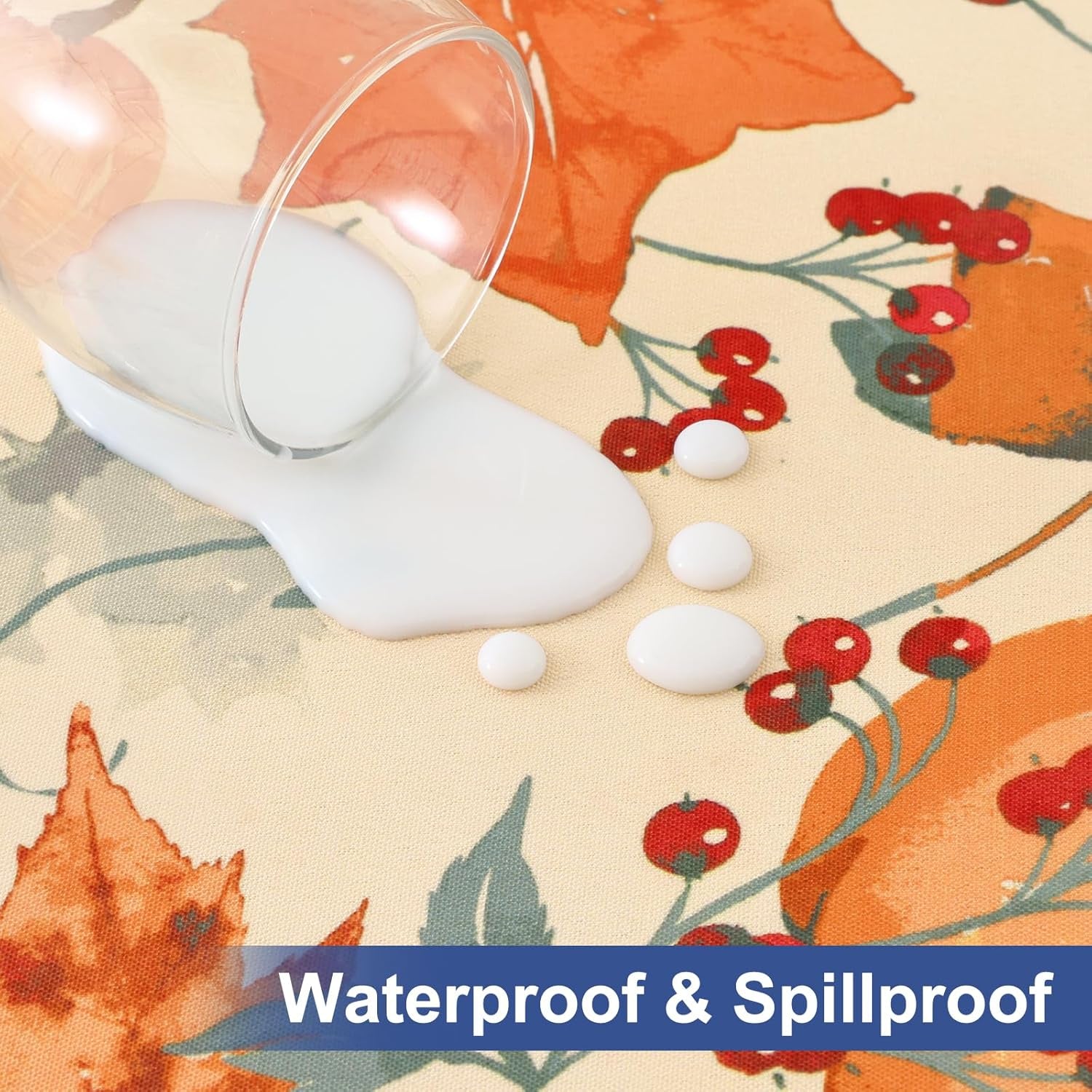 round Fabric Fitted Tablecloth, Elastic Waterproof Oil Proof Table Cloth, Washable Polyester Table Cover Fits 36"-44" round Tables for Outdoor Picnic Dinner, Pumpkin Vine