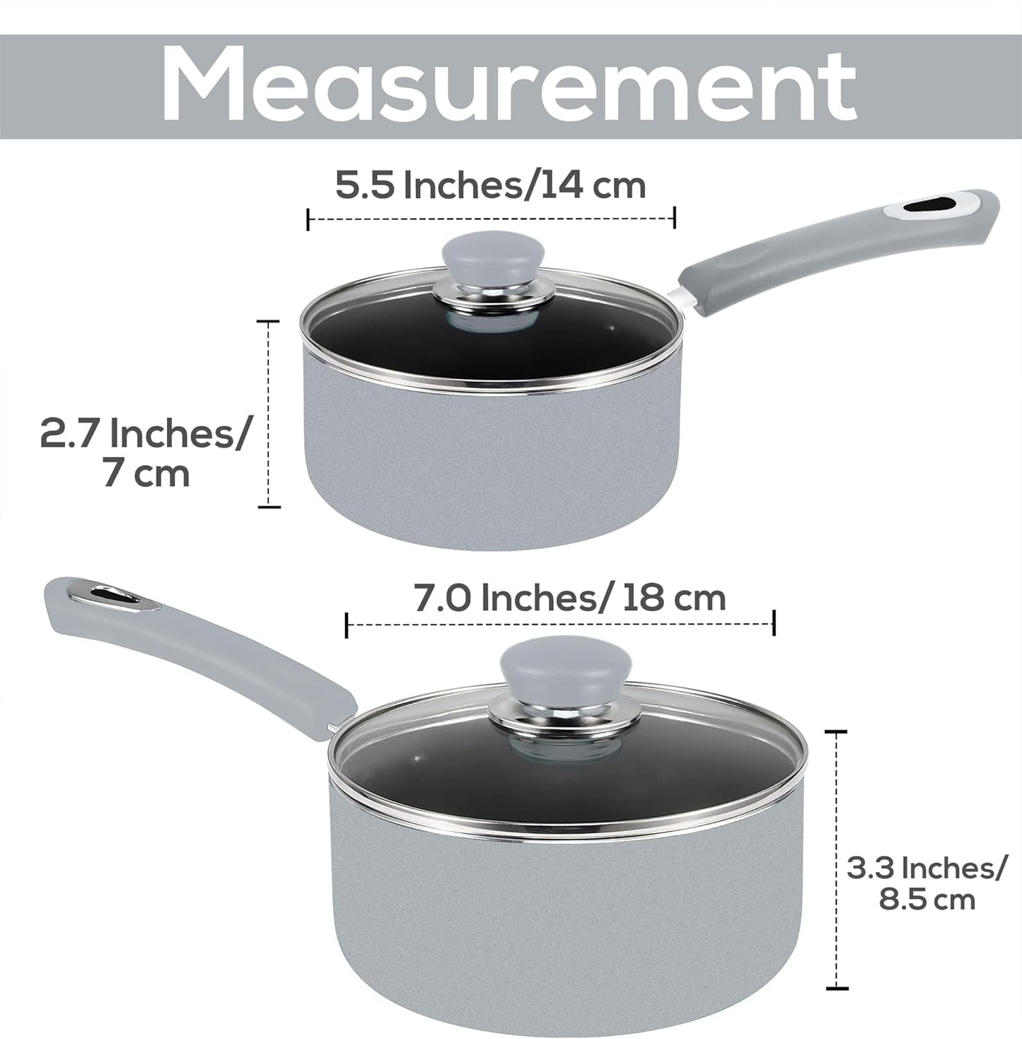 Nonstick Saucepan Set with Lid, 1 Quart and 2 Quarts Multipurpose Pots Set for Home Kitchen or Restaurant (Silver-Black)
