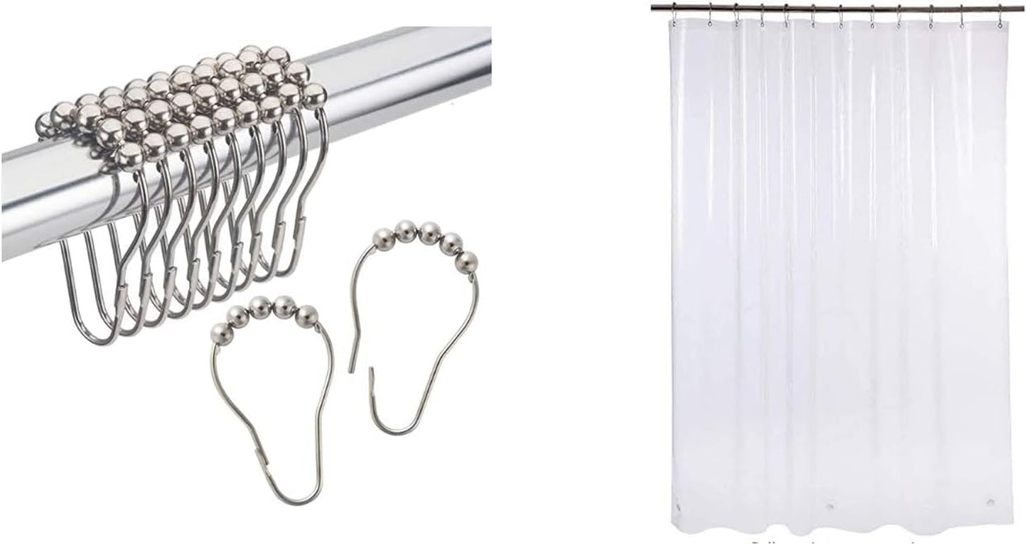 2-Piece Chrome Shower Curtain Bundle: Rust-Resistant Metal Glide Shower Hooks & EVA 8G Clear Shower Curtain with Heavy Duty Stones
