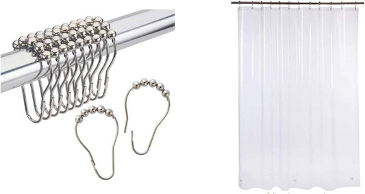 2-Piece Chrome Shower Curtain Bundle: Rust-Resistant Metal Glide Shower Hooks & EVA 8G Clear Shower Curtain with Heavy Duty Stones