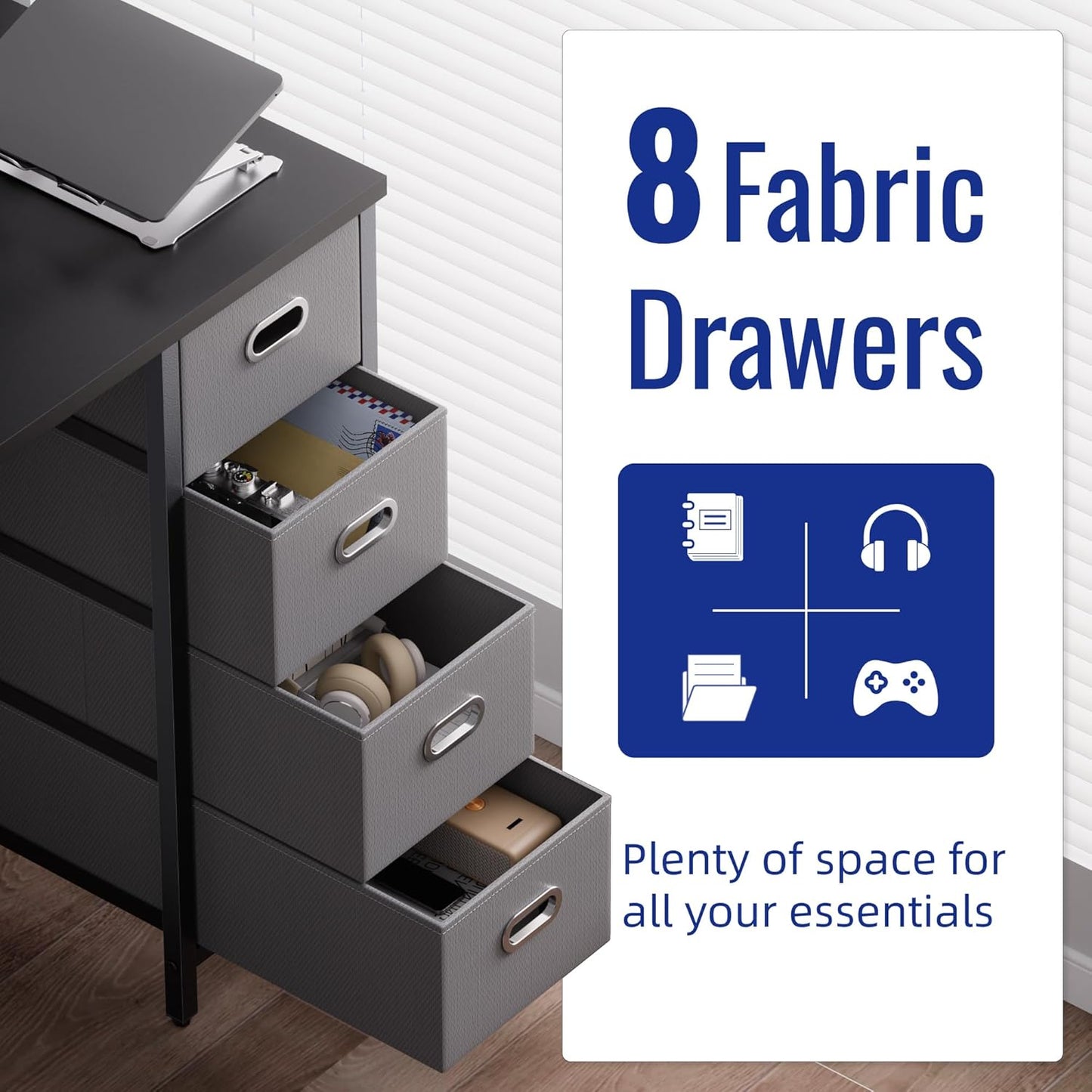 47 Inch Computer Desk with 8 Fabric Drawers and Power Outlet PC Gaming Desk Home Office Study Work Writing Table for Bedroom Pink