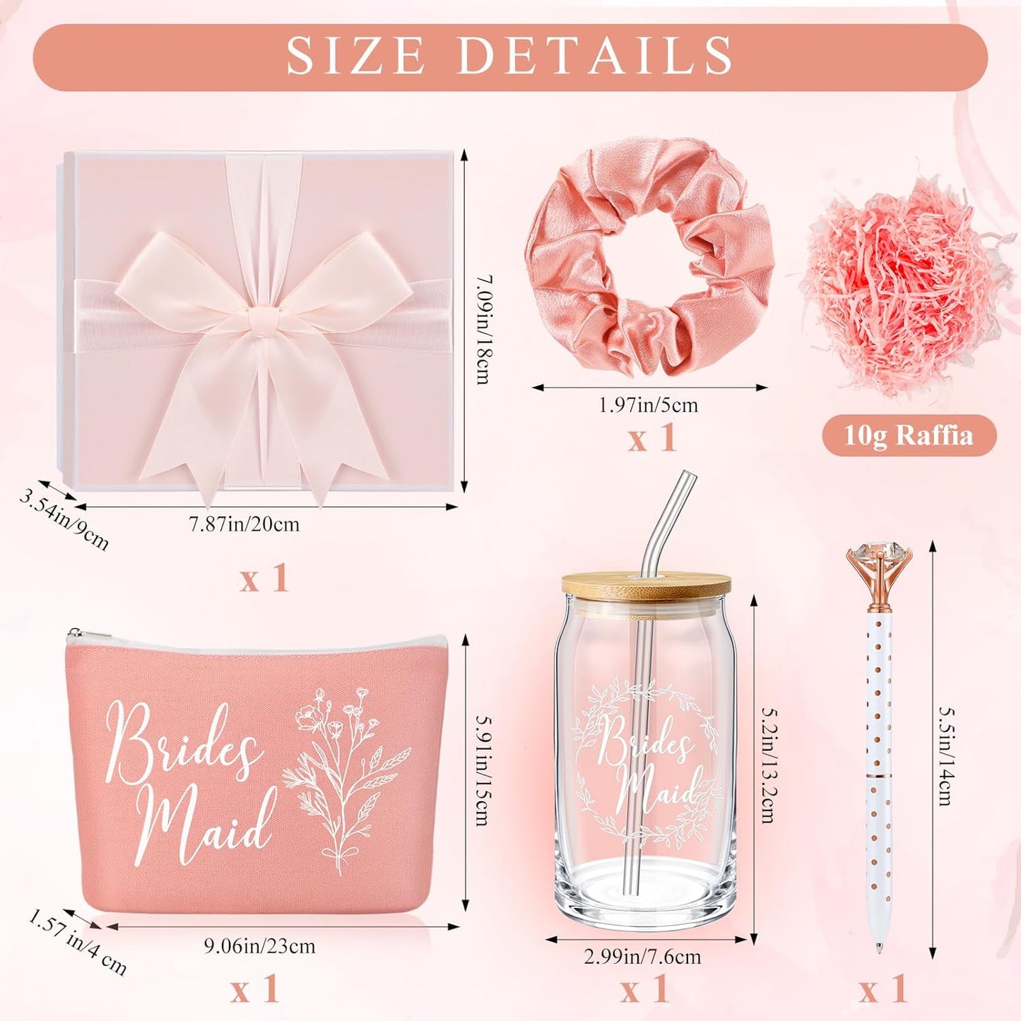 Bridesmaid Gift Box Set of 5 - Includes Glass Cups with Lids, Makeup Bags, Scrunchies, Hair Ties, and Diamond Ballpoint Pens for Wedding Party Favors (Rose Pink)