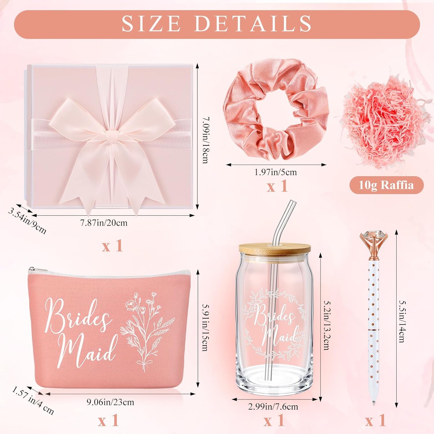 Bridesmaid Gift Box Set of 5 - Includes Glass Cups with Lids, Makeup Bags, Scrunchies, Hair Ties, and Diamond Ballpoint Pens for Wedding Party Favors (Rose Pink)