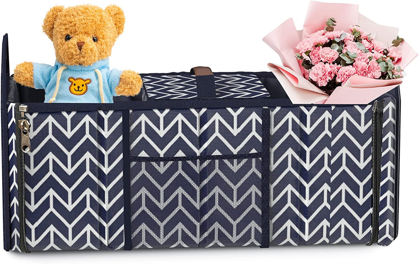 Foldable Car Trunk Organizer and Insulation Cooler Bag with Collapsible Design and Three Compartments for SUV Storage, Navy Blue