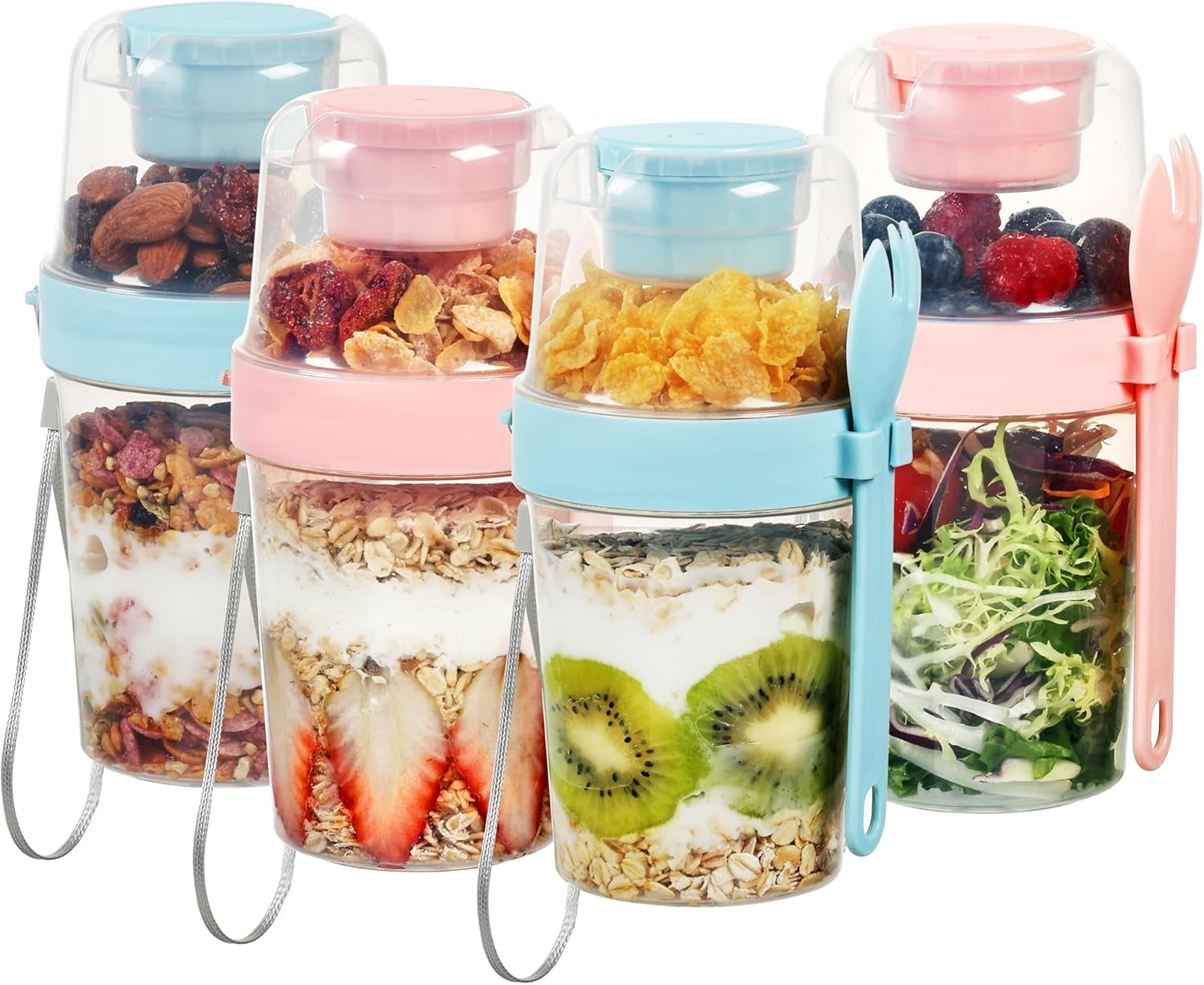 4 Pack 27Oz Yogurt Parfait Cups with Lids and Spoons, Overnight Oats Containers, Reusable Topping Compartment for Breakfast with Yogurt, Cereal or Oatmeal On-The-Go