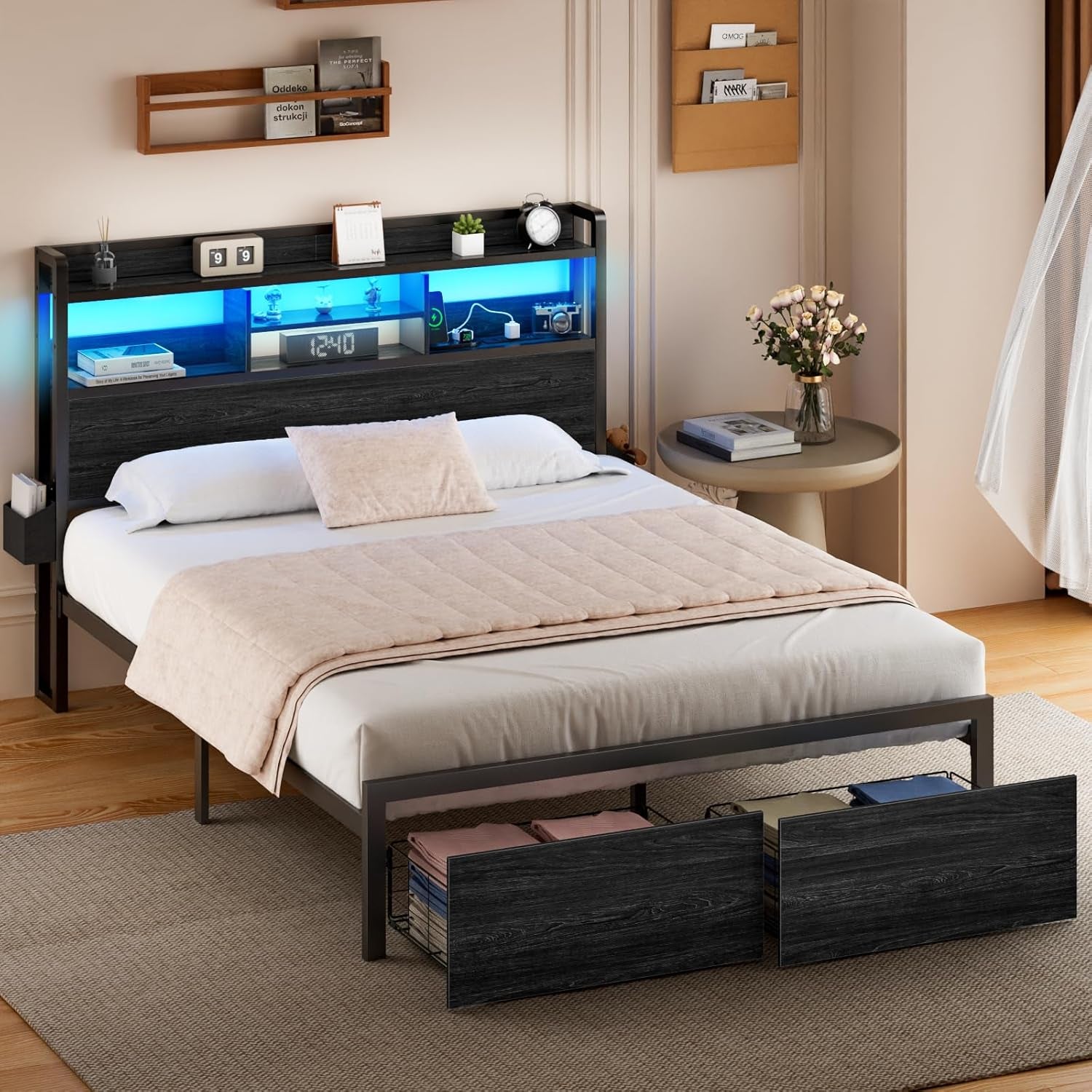 Full Size Metal Platform Bed Frame with Wooden Headboard, Integrated Storage Drawers, Shelf, LED Lighting, Charging Station, No Box Spring Required, Noise-Free, Black