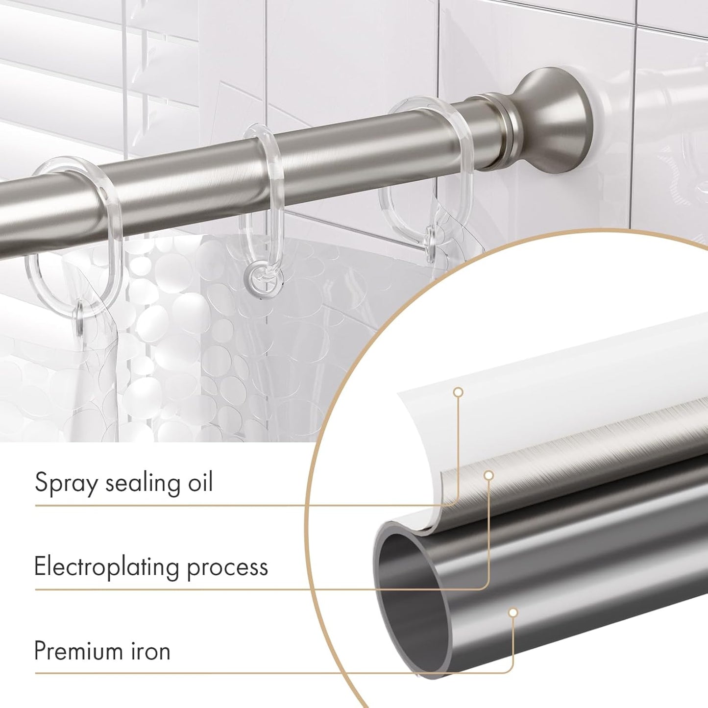Spring Tension Shower Curtain Rod, 26-42 Inches Rust-Resistance Tension Curtain Rod Bathroom Rod, Adjustable Shower Curtain Rod No Drill, Nickel