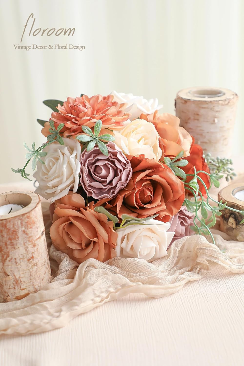 Terracotta Artificial Floral Arrangement Set with Burnt Orange Roses, Peonies, and Dahlias for DIY Wedding Bouquets, Bridal Showers, Centerpieces, and Home Decor