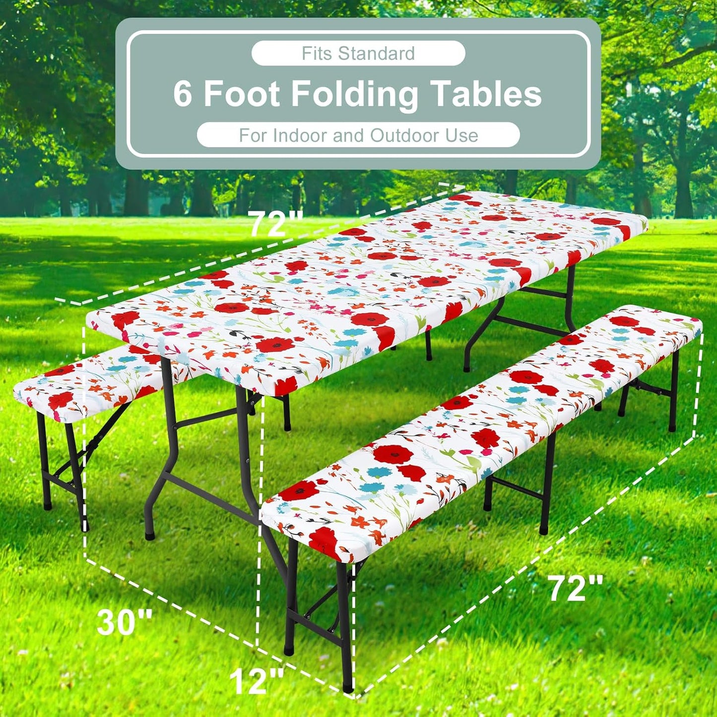 Picnic Table Cover with Bench Cover, Waterproof Elastic Fitted Tablecloth for 6 Foot Tables, Rectangle Washable Polyester Fabric Tablecloths for Picnic, Camping, Outdoor (Flower, 30" X 72")