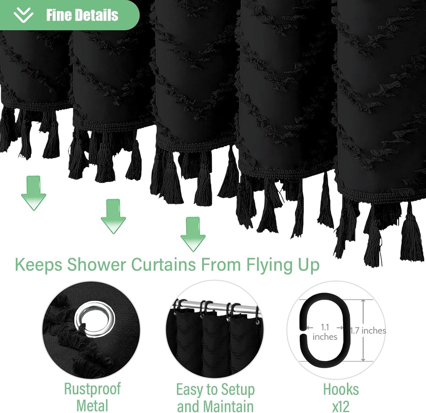 Boho Farmhouse Shower Curtain, Black Fabric Tufted Chevron Striped Textured Tassel Shower Curtains for Bathroom, Water Repellent, Minimalist Ruffled Cloth Shower Curtain Set with Hook, 72X72