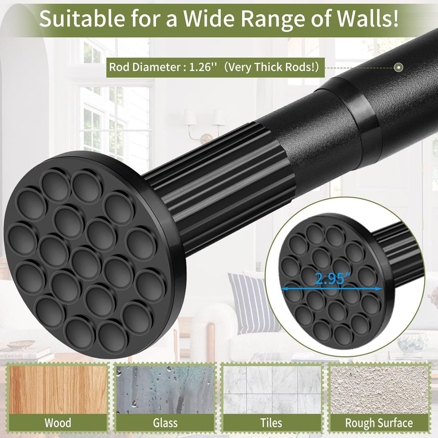 Tension Curtain Rod 51-165In(4.25-13.75Ft), Extra Long Outdoor Curtain Rod No Drilling for Window or Bathroom Patio, Adjustable Spring Shower Rod, Easy to Install Never Rust, Rod Diameter 1.26In-Black